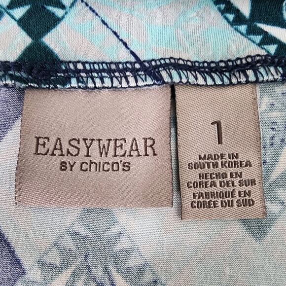 Chico's Easywear Tunic Top Size 1 Medium Blue Green 3/4 Sleeve Geometric Diamond - Picture 7 of 10